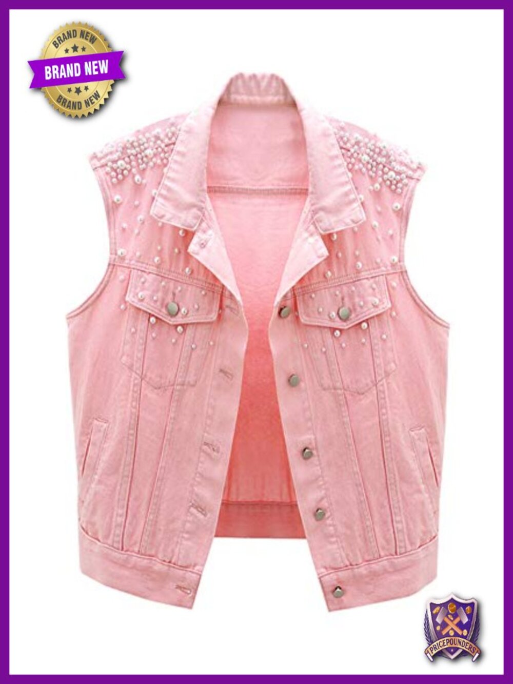 Sleeveless Denim Vest Pearl Beaded Button Down Jean Jacket
